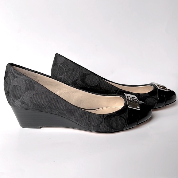NWOT Black Coach Logo Pattern Close Toe Wedge Heel Dress Shoe w/CC SilverHrdwear - Picture 3 of 5
